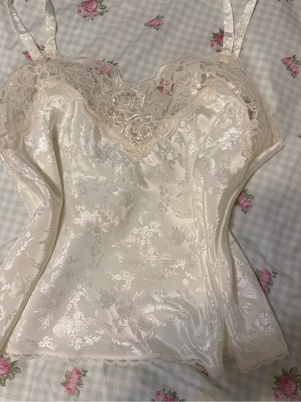 Lace-trim ivory tank top.